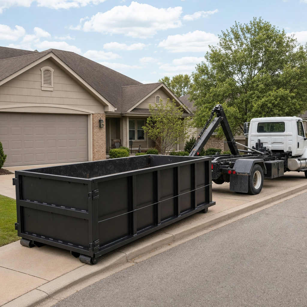 Wide documentary shot of a matte-black roll-off dumpster on a Lexington residential driveway in the foreground and a contractor jobsite container in the soft-focus background, bright daylight, calm and orderly composition.